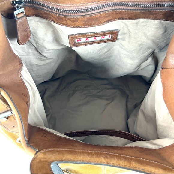 MARNI Balloon Dark Mustard Patented Leather w Brown Leather Top Handle Satchel - Picture 7 of 16